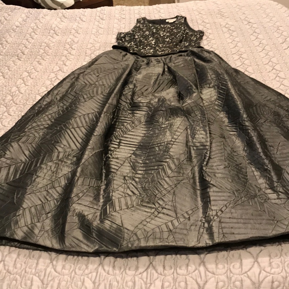 Gunmetal satin embossed skirt with beaded top